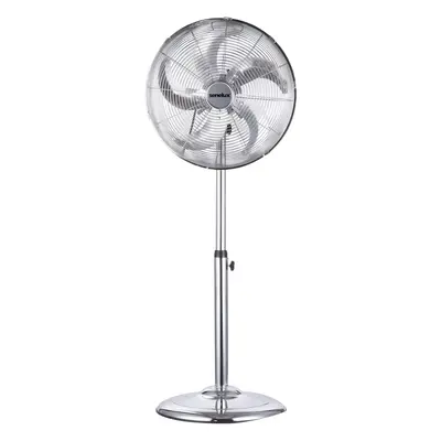 Chrome plated standing fan, blades, oscillation function, speed settings, adjustable height, sil