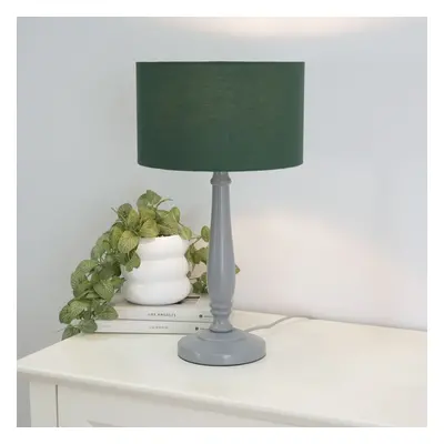 ValueLights Victoria Green Drum Shade Grey Wood Traditional Table Lamp