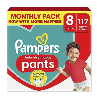 Pampers Baby-Dry Nappy Pants, Size 19kg Plus Nappies, MONTHLY SAVING PACK, Stop and Protect Pock