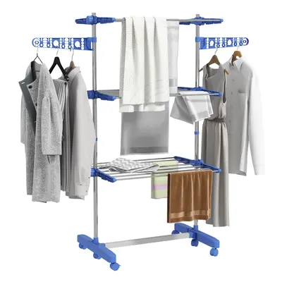 HOMCOM 3-Tier Large Clothes Airer Stainless Steel Clothes Drying Rack Blue