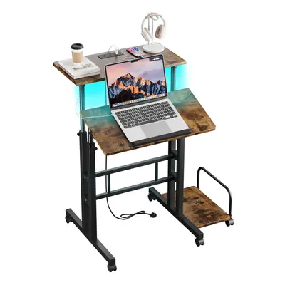 (With Power Outlets, Rustic Brown) Sit-Stand Workstation Height Adjustable Desk