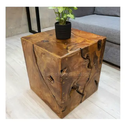 Rustic Side Table Solid Teak Wood Vintage Industrial Style Plant Lamp Stand