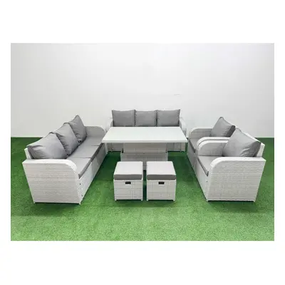 Fimous PE Rattan High Back Lounge Sofa Set with Seater Sofa Reclining Chair Stools Light Grey