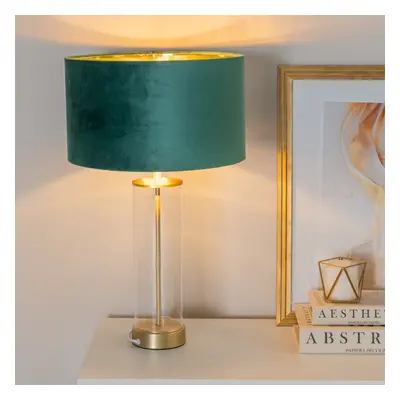 ValueLights Balan Forest Velvet & Gold Shade Glass Gold Table Lamp & Bulb