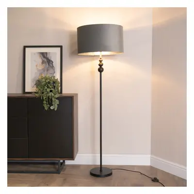 ValueLights Marissa Black Floor Lamp with Grey Velvet & Chrome Shade