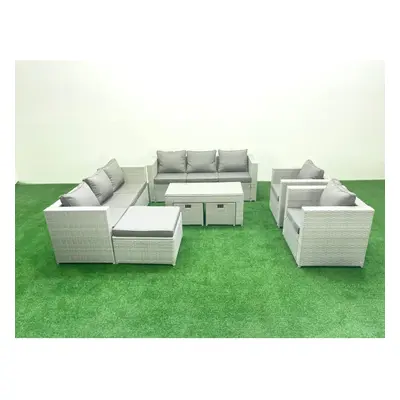 Fimous Outdoor Garden Furniture Rattan Sofa Set with Armchairs Oblong Coffee Table Footstools Li