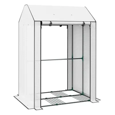 Outsunny Mini Greenhouse with Shelves and Roll Up Door, 100x80x150cm, White