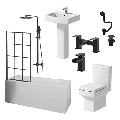 Complete Bathroom Suite Black Bath Shower Screen Basin Toilet Taps Waste 1700mm