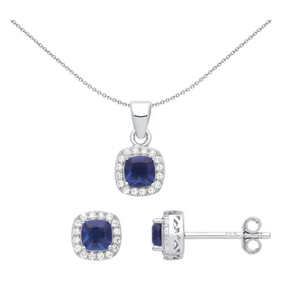 Jewelco London Ladies Rhodium Plated Sterling Silver Blue Cushion CZ TV Square Halo Solitaire Ea