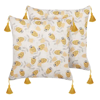 Set of Cushions Flower Pattern x cm Yellow and Beige ABUTILON