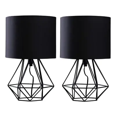 Pair of - Modern Black Metal Basket Cage Bed Side Table Lamps with Black Fabric Shades - Complet