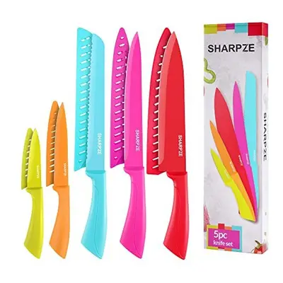 Kitchen Knife Set 5-PCs with Covers - Colour Coded Non-Stick Kitchen Knives Sets with Sheaths - 