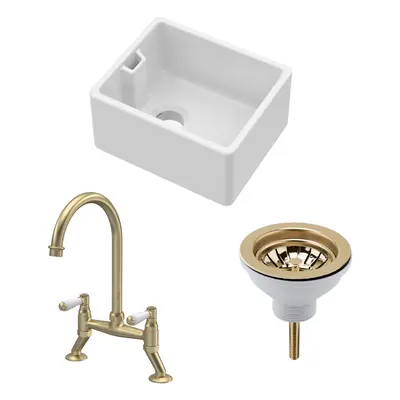 Fireclay Kitchen Bundle - Compact Single Bowl Belfast Sink, Strainer Waste & Bridge Lever Tap, 4