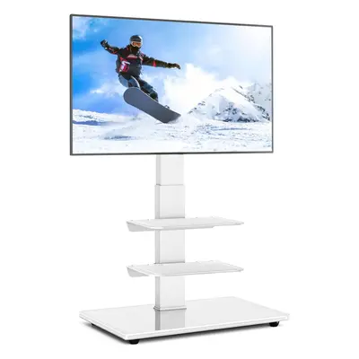 (White) TV Floor Stand Flat Curved Screen with Tempered Glass Base, Universal TV Stand Cable Man