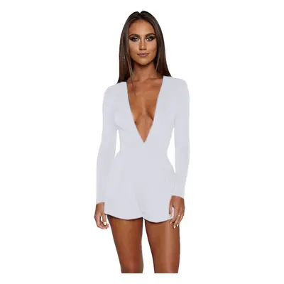 (White, M) Sexy Women Jumpsuit Solid Color Plunge V Neck Long Sleeve Casual Slim Short