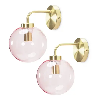 ValueLights Frenchie Pair Pink Glass Globe Single Gold Wall Lights