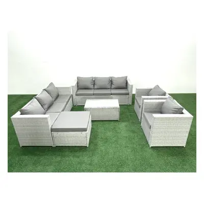 Fimous Outdoor Rattan Sofa Garden Furniture Set with Armchairs Oblong Coffee Table Big Footstool