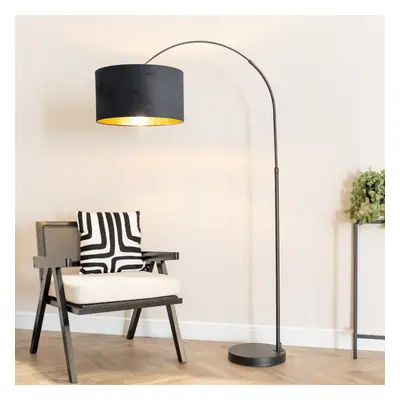 ValueLights Louis Black Velvet & Gold Shade Black Arched Floor Lamp & Bulb