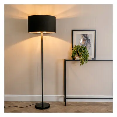 ValueLights Charlie Black & Chrome Shade Black Stem Floor Lamp & Bulb