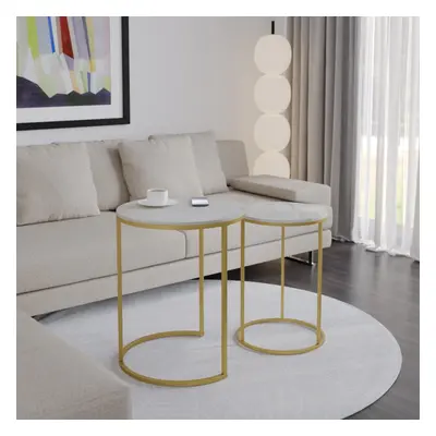 (White Marble Top with Gold Legs) Pcs Round Nesting Stackable Sofa Side Bedside End Table Set Wo