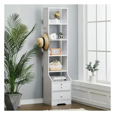 (5 Tier) Tall Slim Storage Shelf Beside Table with Lockable Drawer White