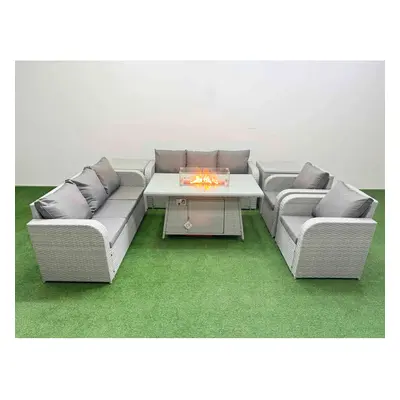 Fimous PE Rattan Set Patio Firepit Dining Table & Chairs Set with Seater Sofa Reclining Chair Si