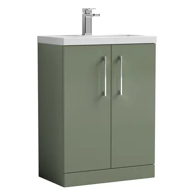 Compact Floor Standing Door Vanity Basin Unit with Ceramic Basin - 600mm - Satin Green