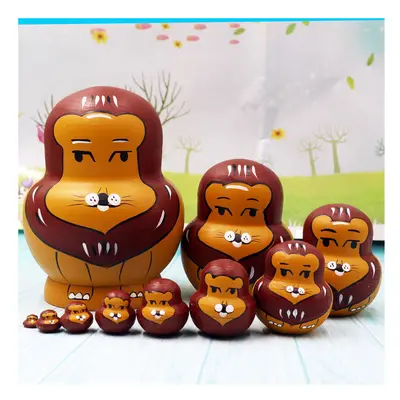 (Lion) 10Pcs/Set Cute Cartoon Russian Nesting Dolls Wooden Handmade Toy