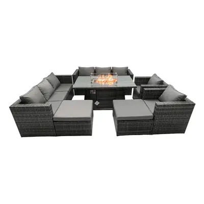 Fimous Rattan Garden Furniture Firepit Dining Set Seater Lounge Sofa Table Set with big Footstoo