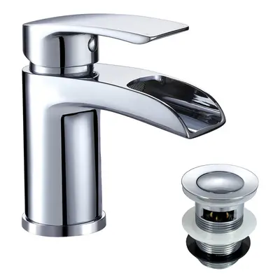 Nes Home Chrome Cloakroom Waterfall Basin Mono Mixer Tap Brass with Waste