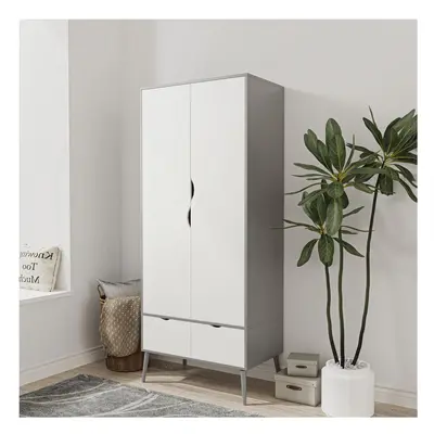 (Grey White) Door Drawer Wardrobe with Scandi Legs Cupboard Hanging Rail 180cm