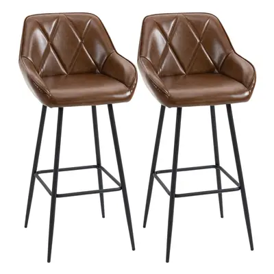 HOMCOM Bar Stools Set of Retro Bar Chairs W/ Backs Footrests Steel Legs Brown