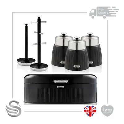 (Black) Swan Retro Towel Pole & Mug Tree, Bread Bin & Set of Canisters Stainless Steel