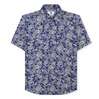 (L, Navy) Lambretta Mens Mod Paisley Short Sleeve Button Down Shirt - Navy