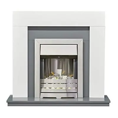 Adam Dakota Fireplace in Pure White & Grey with Helios Electric Fire in Brushed Steel, Inch