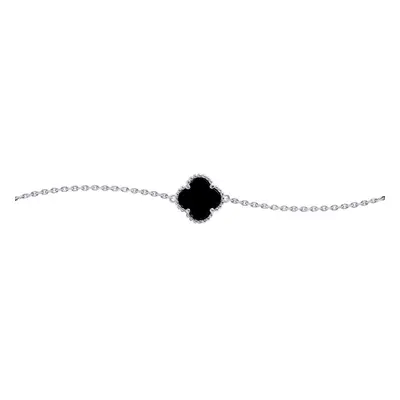 Jewelco London Silver Black Clover Onyx Bead Edge Lucky Charm Chain Bracelet 7-8.5" - ABB223