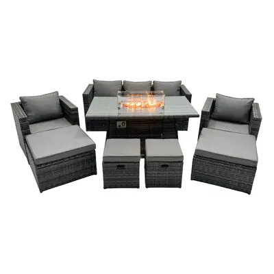 Fimous Rattan Garden Furniture Firepit Dining Set Seater Lounge Sofa Table Set with big Footstoo