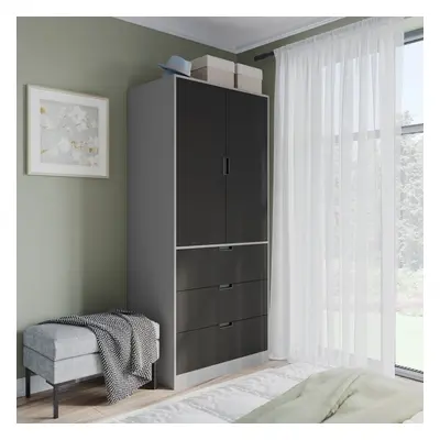 (Grey, Black) 180cm Modern Wardrobe Door with Drawer Storage and Hanging Rail Bedroom Furniture