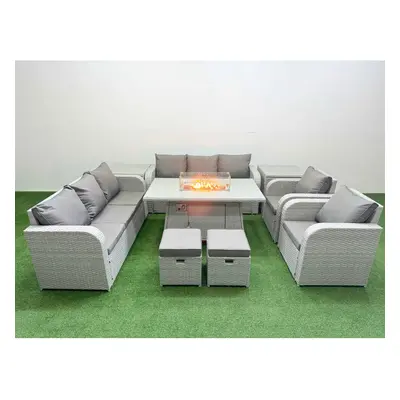 Fimous PE Rattan Set Patio Firepit Dining Table & Chairs Set with Seater Sofa Reclining Chair St