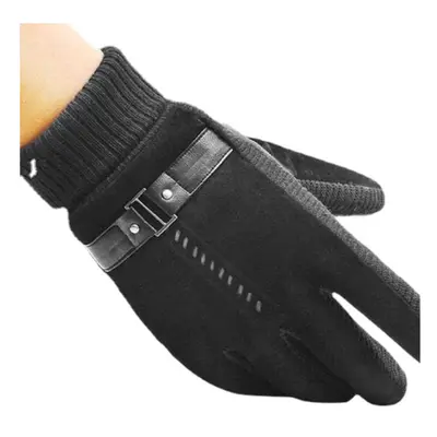 (Black) Thickening Warm Leather Gloves Touch Screen For Motorcycle Cycling Skiing Skateboard Men