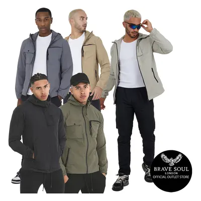 (Black, Mens Multi Pocket Light Weight Jacket, L) Men Brave Soul Light Hooded Rain Jacket