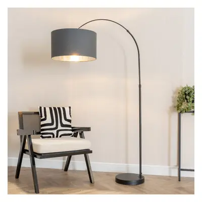 ValueLights Louis Charcoal & Chrome Shade Black Arched Floor Lamp & Bulb