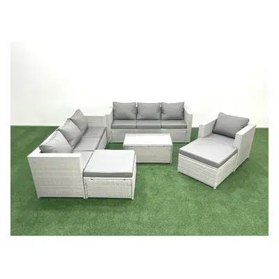 Fimous Wicker PE Rattan Sofa Garden Furniture Set with Armchair Oblong Coffee Table Big Footstoo