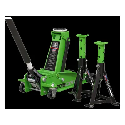 Trolley Jack Tonne with Super Rocket Lift & Axle Stands (Pair) Tonne Capacity per Stand-Hi-Vis