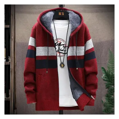 (wine red, XL) Cardigan Men Sweaters Coats Winter Fleece Knitted Sweater Jacket Warm Zipper Wool