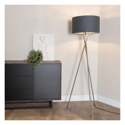 ValueLights Camden Charcoal & Chrome Shade Tripod Floor Lamp & Bulb