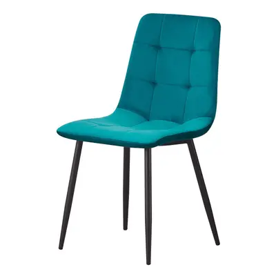 (Teal-check) Classic Design Velvet Fabric Dining Chairs Metal Legs Padded Seat Chairs