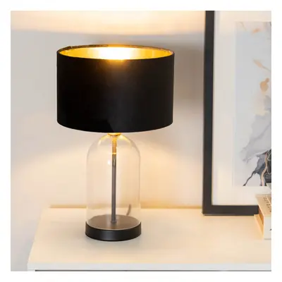 ValueLights Jessy Black Velvet & Gold Shade Glass & Black Table Lamp & Bulb