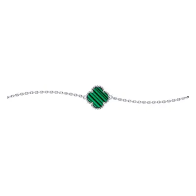 Jewelco London Silver Green Clover Malachite Bead Edge Lucky Charm Chain Bracelet 7-8.5" - ABB23