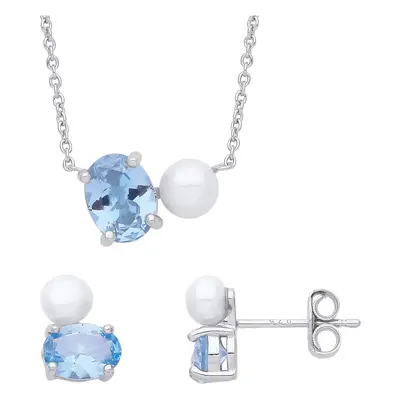 Jewelco London Sterling Silver Blue Oval Pearl CZ Snowman Pillow Hugger Toi et Moi Earrings Neck